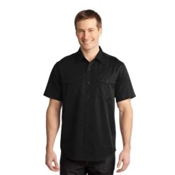 Port Authority® Stain-Resistant Short Sleeve Twill Shirt (Q525265) -Qualityimprint Shop Q525265 Black Dress Shirts with logo 1
