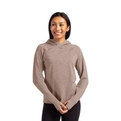 Cutter & Buck Adapt Knit Womens Heathered Hooded Pullover (Q604332) -Qualityimprint Shop Q604332 mushroomheatherpullovers with logo 8